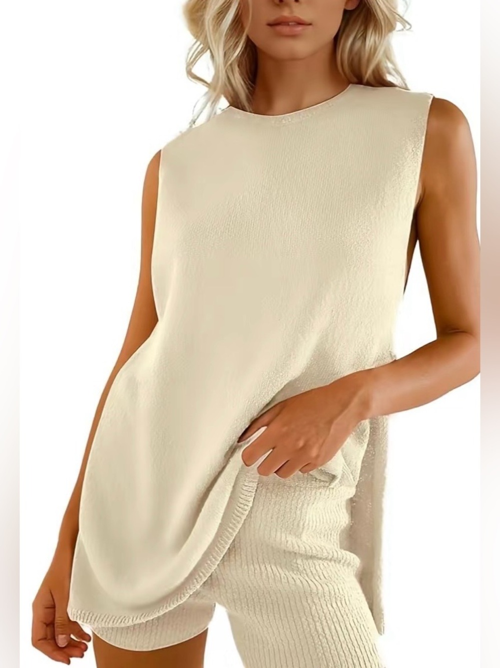 Uaneo 2 Piece Outfit Summer Knit Sweater Set Sleeveless Tunic top and short